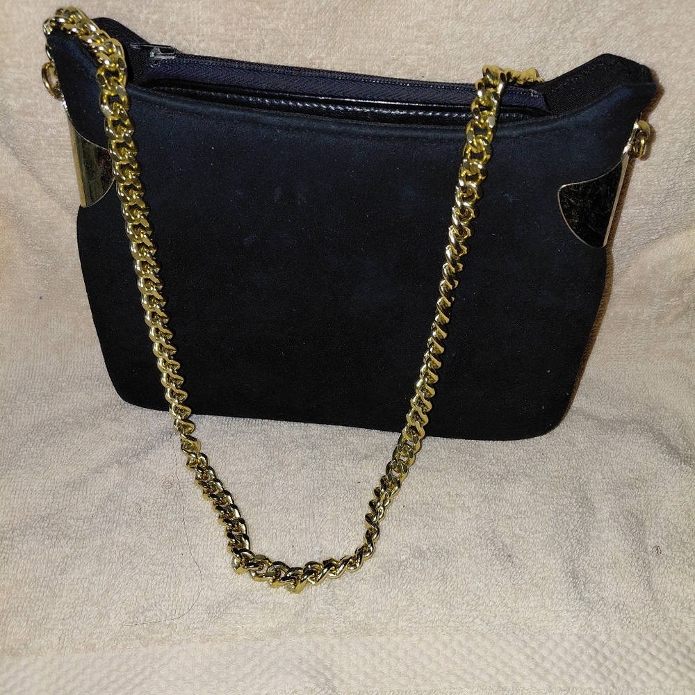 Vintage Elegant Black Suede Shoulder Bag with Gold link chain
